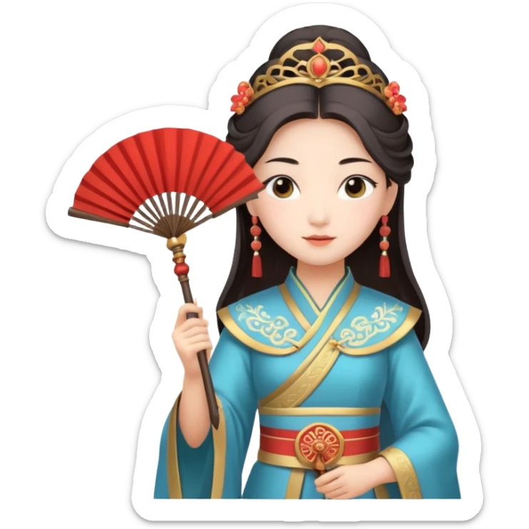 Chinese ancient mythology Princess Iron Fan, wearing gorgeous ancient costume, holding iron fan, elegant and confident, simple background, gentle expression sticker