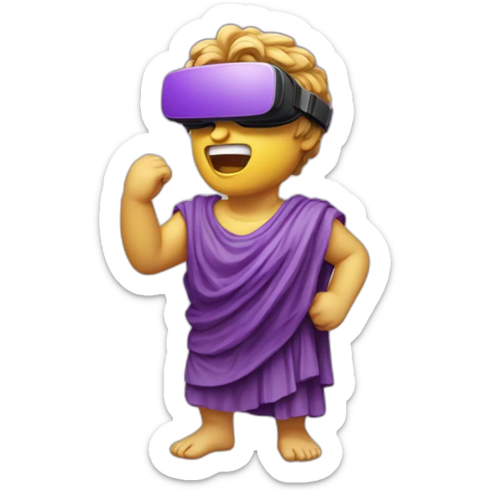an EMOJI OF A ancient young greek statue, wearing VR headset, shouting purple colors,  sticker