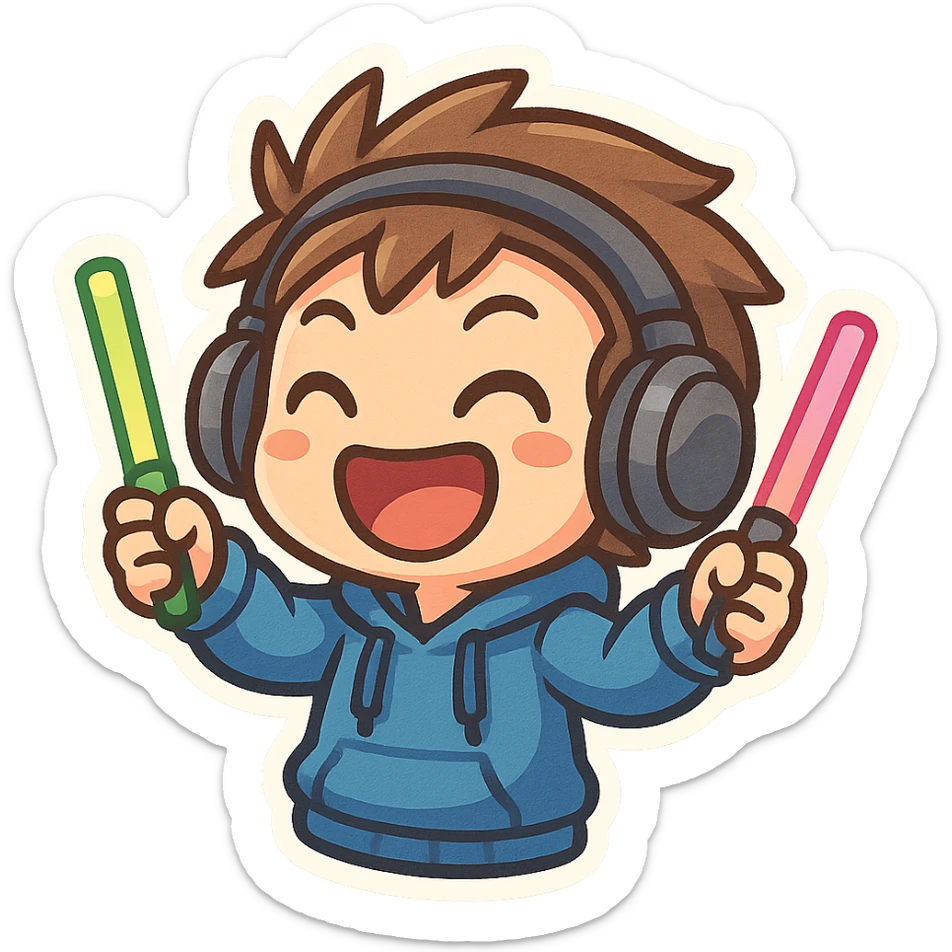 cartoon rave DJ with headphones glowsticks big smile capturing happy hardcore vibe sticker