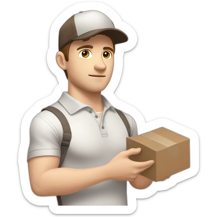 Pale skinned fit Man with dark brown hair in a light gray cap, dark brown jeans, brown polo and white T-shirt keeping a pasted with tape white box into his hands sticker