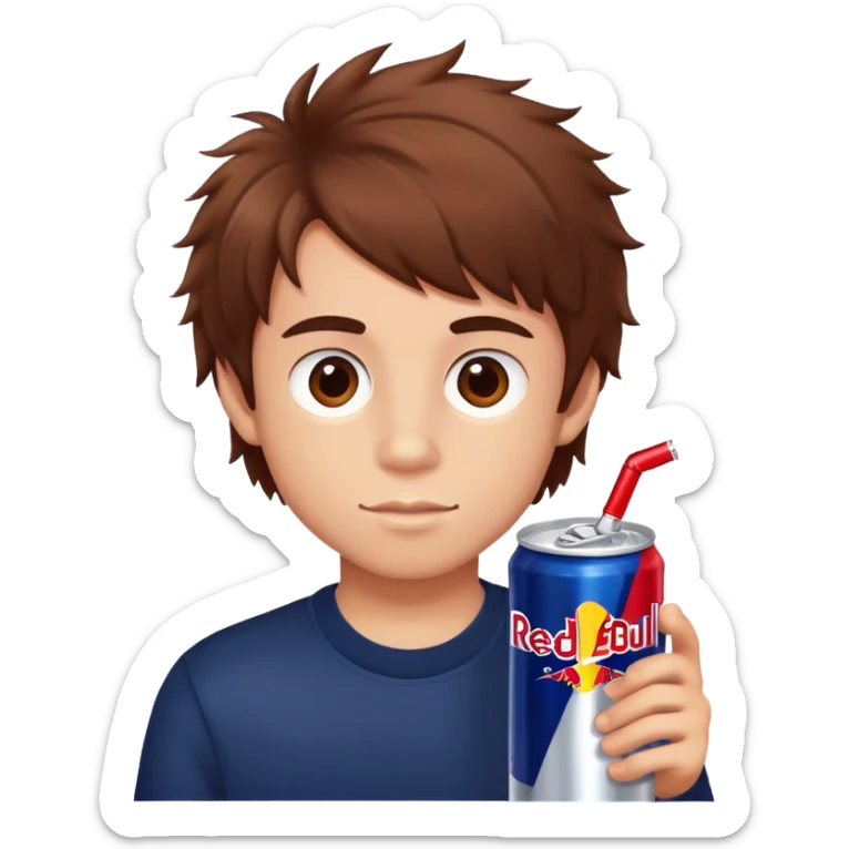 Boy with a red Bull Energy Drink in his hand and fluffy hair sticker