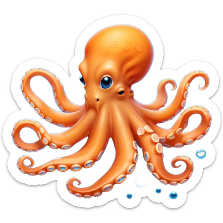 Beautiful and Majestic smiling Octopus Portrait Emoji, Head and body resting in serene repose with a gentle, content smile, showcasing a soft, light orange form adorned with elegant blue rings and delicately arranged arms, Simplified yet exquisitely endearing features, highly detailed, glowing with a soft, drowsy underwater light, high shine, relaxed and utterly enchanting, stylized with an air of majestic aquatic beauty, soft glowing outline, capturing the essence of a beautiful and majestic octopus that embodies the enchanting spirit of the deep! sticker