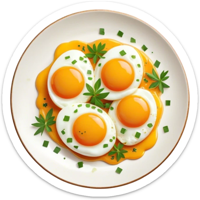 Cinematic sunny-side-up eggs, perfectly cooked with glossy yolks, crispy golden edges, sprinkled with fresh herbs, served on a rustic plate, bright and inviting, highly detailed and appetizing. sticker