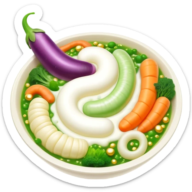 Bowl of glowing white yogurt and colorful fermented vegetables floating around a luminous spiral intestine. Golden bubbles and green particles flow from the intestine, representing beneficial bacteria creating harmony and strengthening immune defenses. sticker