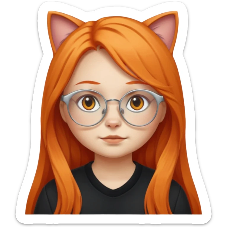 girl with chubby cheeks, very long orange hair, and silver cat-eyed glasses. B lack clothes.  sticker