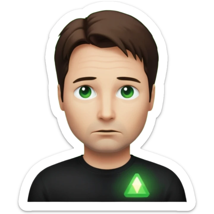 Mulder from the x-files looking very very worried (not trusting anyone today) while wearing a dark t-shirt with no markings. A green beam of light from a UFO illuminates him sticker