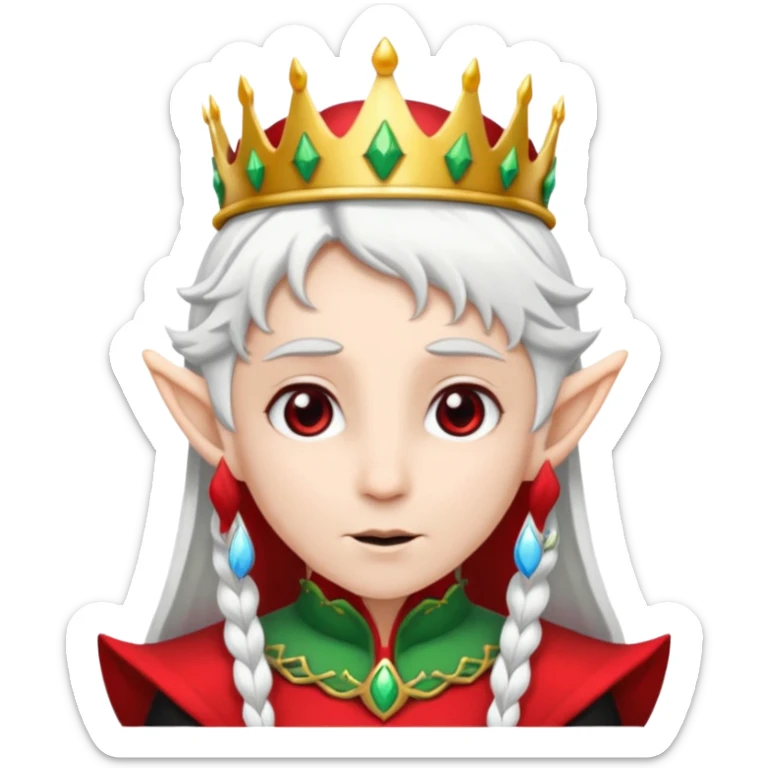 an elf with crown on the head, wearing black and red clothes, white hair sticker