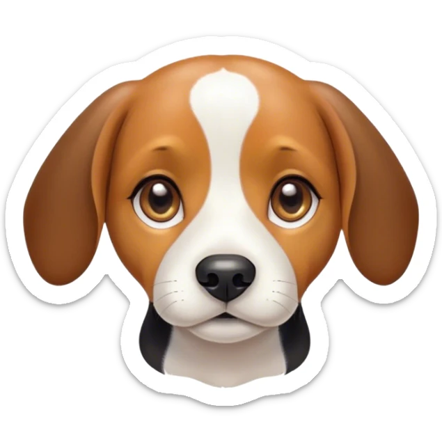 Cinematic Cute Tri-Color Beagle Portrait Emoji, Head tilted playfully and inquisitively, featuring a soft tri-color coat of white, brown, and black with floppy ears, round, sparkling hazel eyes filled with curiosity, Simplified yet irresistibly adorable features, highly detailed, glowing with a warm, friendly glow, high shine, affectionate and lively, stylized with a touch of whimsy, bright and endearing, soft glowing outline, capturing the essence of a mischievous yet loving pup, so playful it feels like it could bound out of the screen and into your arms! sticker