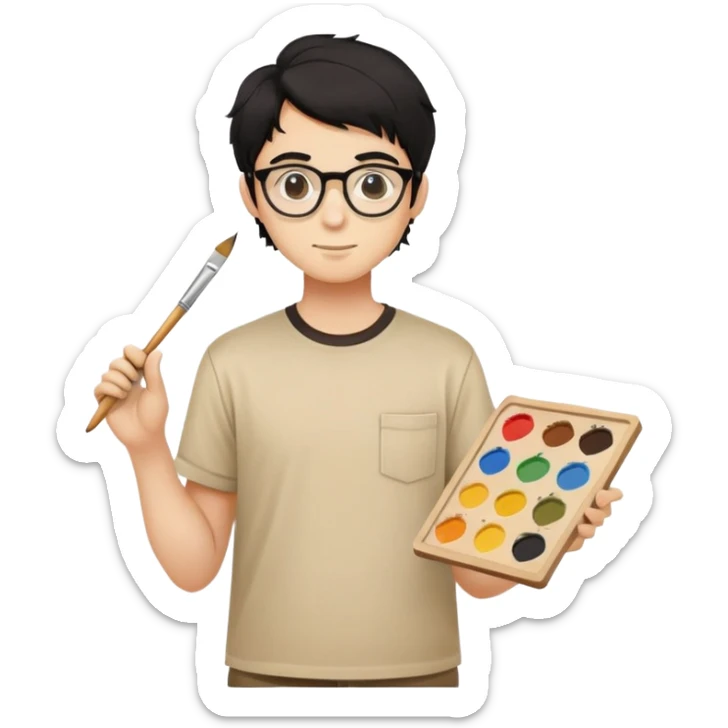Reliable young painter with round glasses, wavy black hair, beige art shirt, with square paintbrush sticker