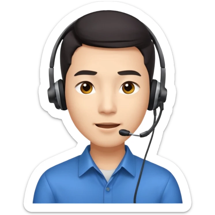 A young Asian man with smooth light skin, dark hair that swoops upward in the front, expressive eyes, a clean-shaven face, and a call-center style headset over one ear, flamboyent  sticker