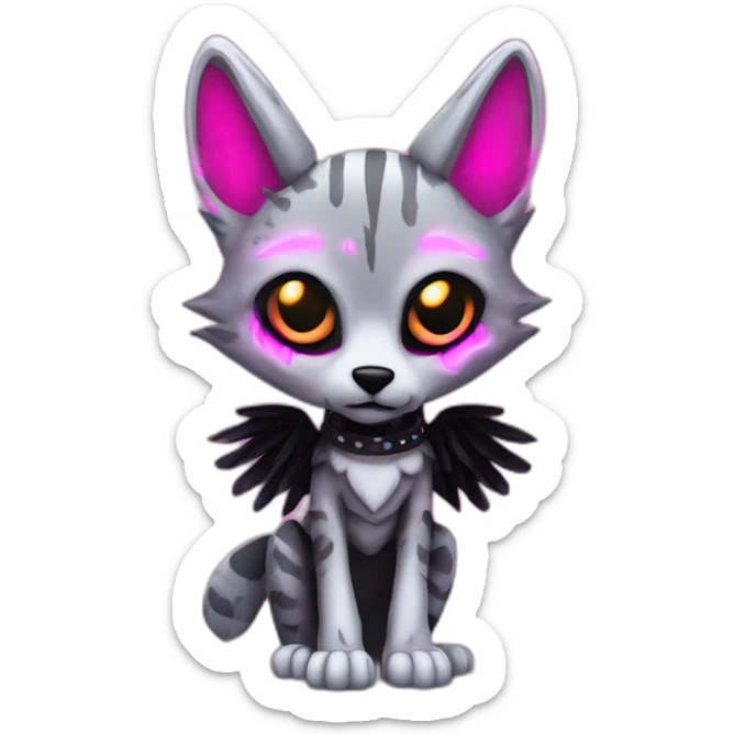 Coyote ocelot standing with grey and black fur and phoenix wings on back and pink ears half skeleton zombie, neon lights sticker