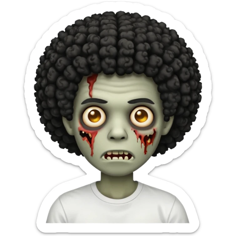 Make a image of a zombie with a curly  Afro with a  fade make it like a emoticon not as scary make hair black and with a white t shirt  sticker