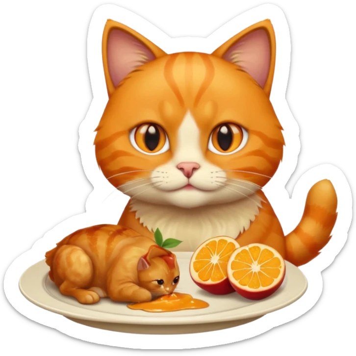 orange cat with orange eyes eating a chicken thigh from a plate, apple emoji style sticker