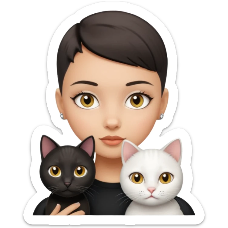HAZEL EYES , BLACK BUZZ CUT LIGHT SKIN ROUND FACE GIRL with white cat sticker