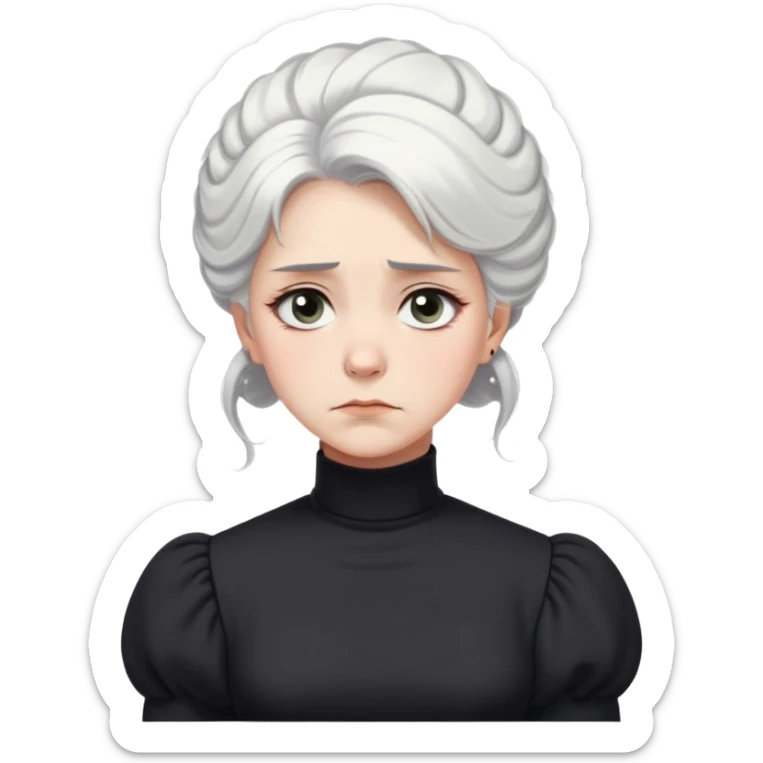 A Victorian woman with simple coiffed white hair and light eyes wearing a simple monochrome black turtleneck mourning dress with puffed sleeves looking down with a forlorn, miserable expression sticker