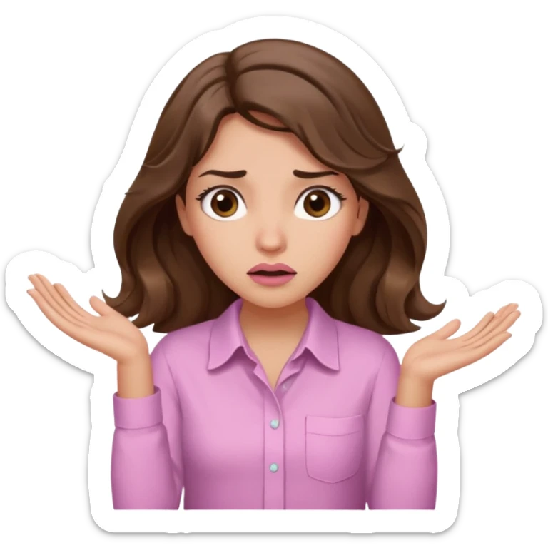 girl with wavy long brown hair, brown eyes, light to medium complexion, long lashes, light pink lipstick, wearing light pink shirt, shrugging with both hands, confused sticker
