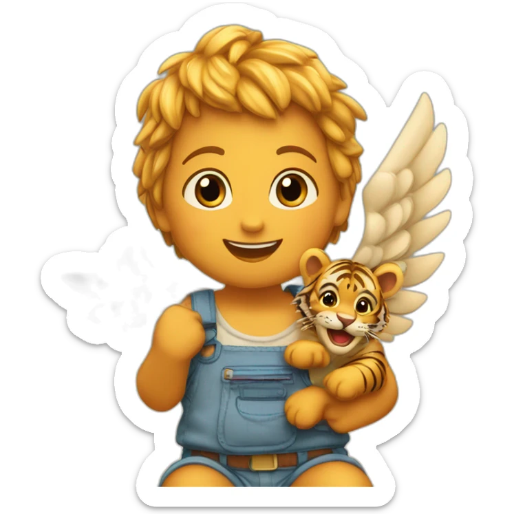 Un bébé sur un tigre qui est dans le ciel avec des ailes sticker