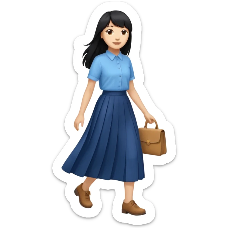hair : black long hair with fringe 
skin : light 
cloth : oversize light blue shirt + navy long long skirt 
motion : walking  sticker
