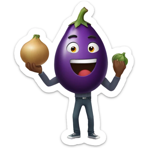 A man is holding an eggplant in a hand and an arm down to the navel position sticker