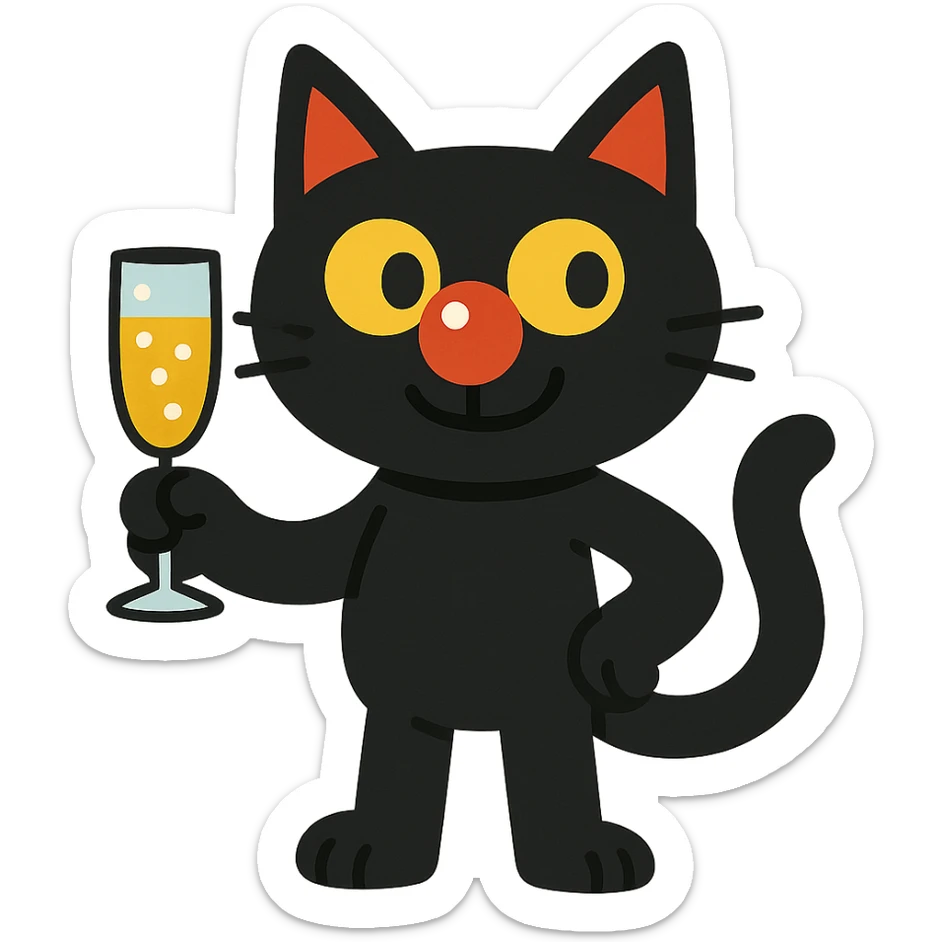black cat with a clown nose and champagne glass, cartoonish and fun sticker