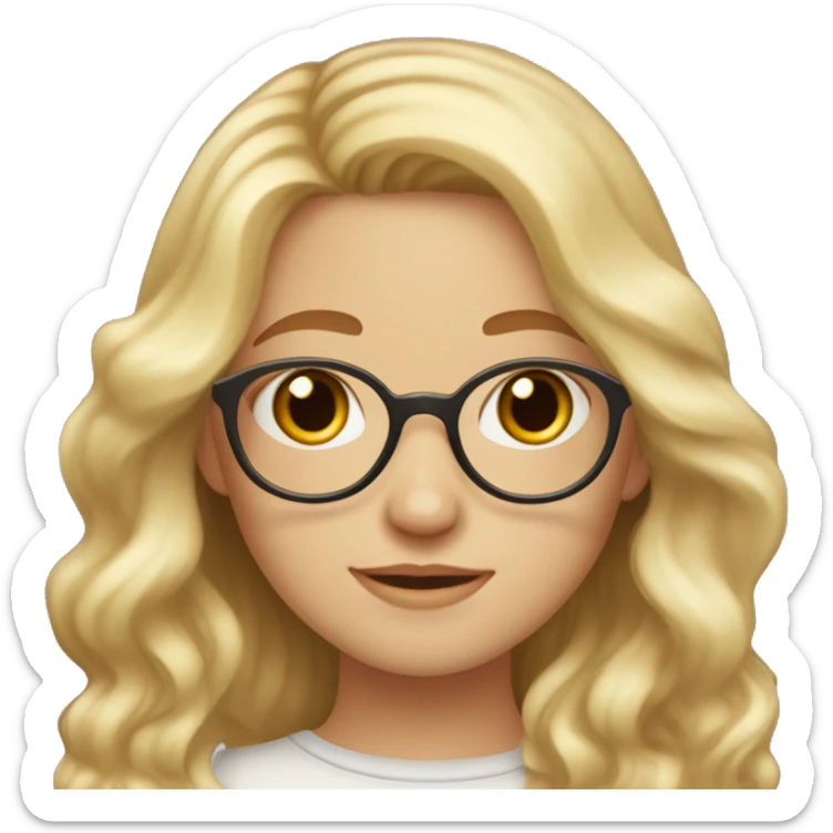 Girl with wavy long hair with blonde highlights, pale skin, red cheeks, brown rounded glasses, oval face, round nose and freckles  sticker