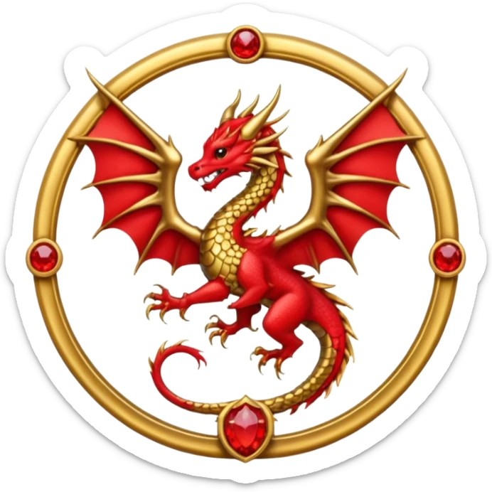 Golden dragon with wings crest / brosch in a circle with red gems and no background sticker