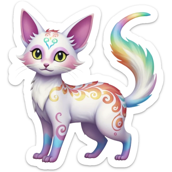 Pure-snow-White albino iridescent with pastel rainbow-gradients-color-markings with swirly patterns butterflies  faerie-Noivern-Noibat-Purloin-Torracat-Lykoi-Caracal-cat-Fakemon-fusion-hybrid-creature-jumping sticker