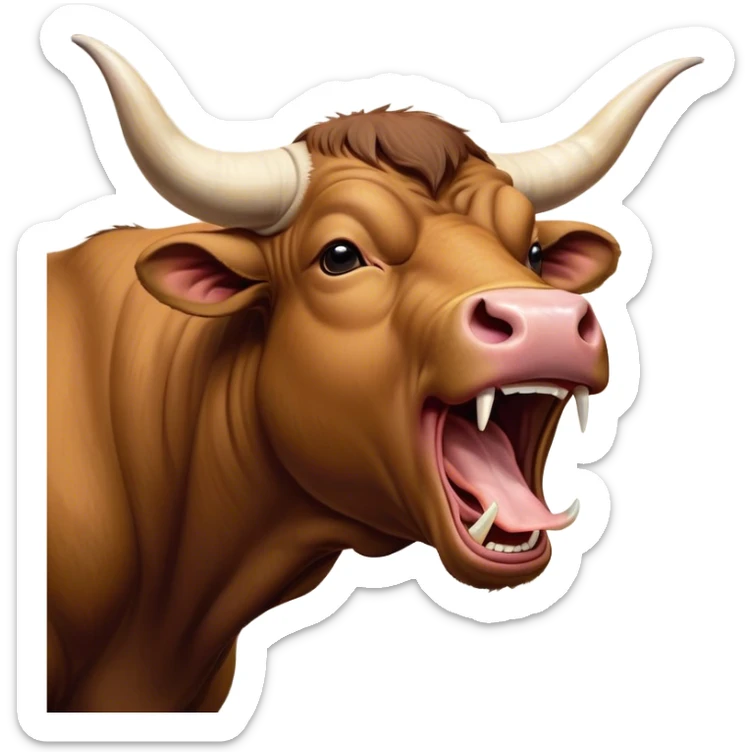 Cinematic Cute Yawning Brown Bull Portrait Emoji, Head tilted slightly with a dramatic, wide-open yawn, showcasing a smooth, rich brown hide with a subtle texture, floppy ears slightly drooping, round dark eyes barely open in drowsy contentment, Simplified yet irresistibly adorable features, highly detailed, glowing with a soft, cozy glow, high shine, relaxed yet expressive, stylized with a touch of rugged whimsy, bright and endearing, soft glowing outline, capturing the essence of a sleepy yet affectionate guardian, so drowsy it feels like it could charge right out of the screen and curl up for a nap! sticker