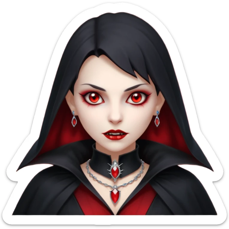 vampire village woman portrait, head and shoulders only, dark gothic cloak collar, sharp fangs, red glowing eyes, elegant yet eerie expression, subtle jewelry, 3D cartoon, mobile game icon style, clean background, no text, no watermark

 sticker