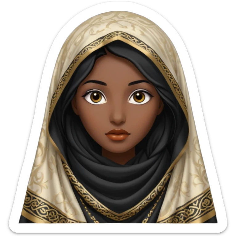 Apariencia: Mujer joven, morena, de gran belleza y porte misterioso.
-Rostro: Ojos grandes y negros, mirada intensa y fija; labios marcados.
-Cabello: Negro, largo y brillante, suele ir cubierto parcialmente por un velo o pañuelo oriental. sticker