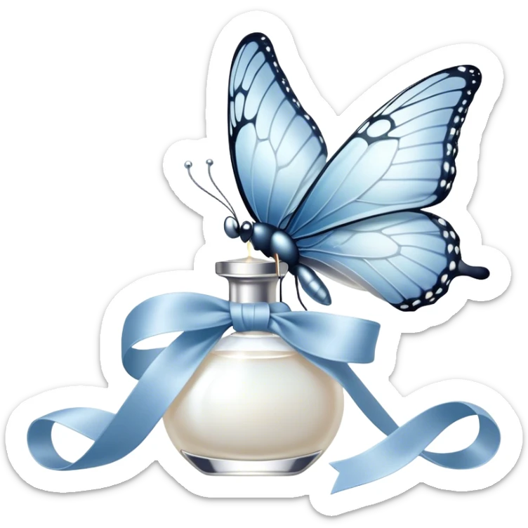 A pearl-colored butterfly, its wings dusted with a whisper of silver, rests gently on the loop of a powder-blue silk ribbon. The ribbon, wrapped around the stem of a crystal perfume bottle, catches the flickering candlelight, while another butterfly, lighter than air, flutters delicately in the background, leaving behind an invisible trace of magic. sticker