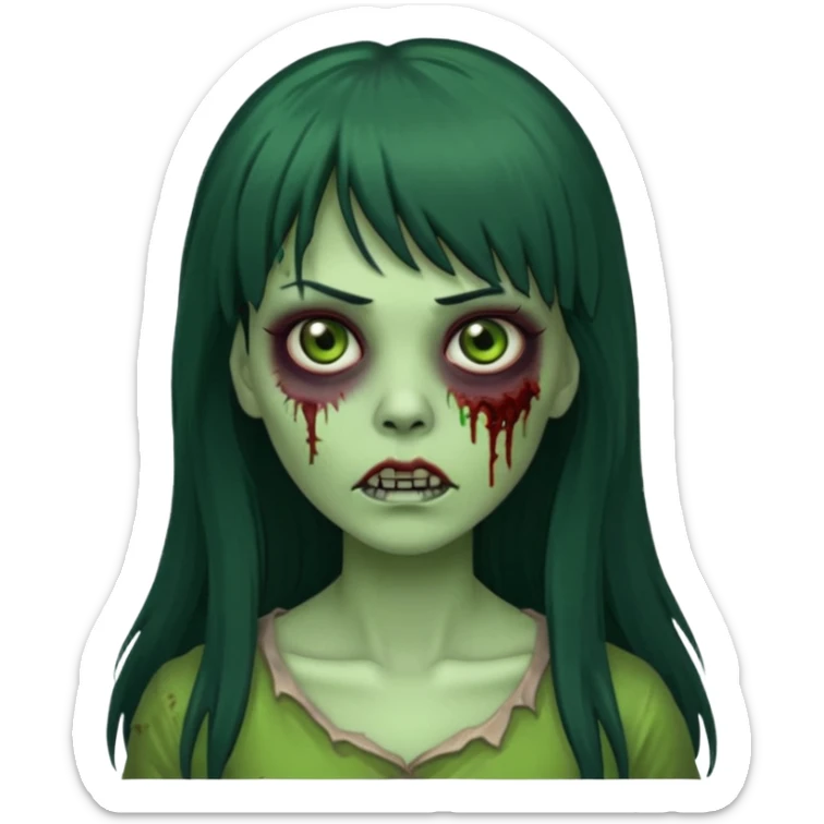 Emoji de mulher verde zumbi cabelos longos pretos e franja sticker