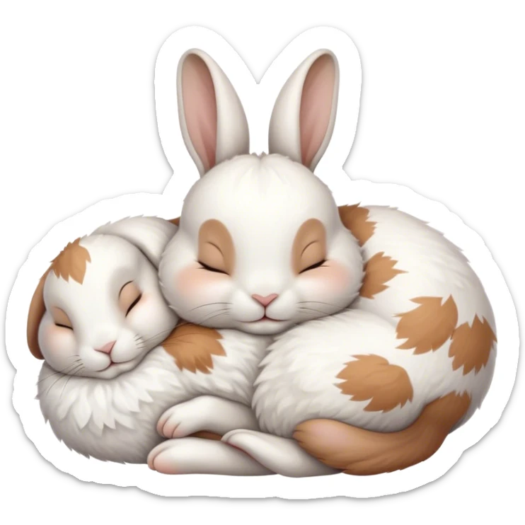 Meme-Worthy Cute Sleeping White and Brown Rabbit Portrait Emoji, Head resting peacefully with a contented smile, showcasing a delightfully balanced build and a luxuriously soft patterned fur of white and brown, eyes shut in a serene nap, Simplified yet hilariously adorable features, highly detailed, glowing with a soft, drowsy light, high shine, relaxed and utterly lovable, stylized with an air of playful laziness, bright and heartwarming, soft glowing outline, capturing the essence of a comically sleepy bunny, so meme-worthy it feels like it could instantly become the next viral sensation of adorable slumber! sticker