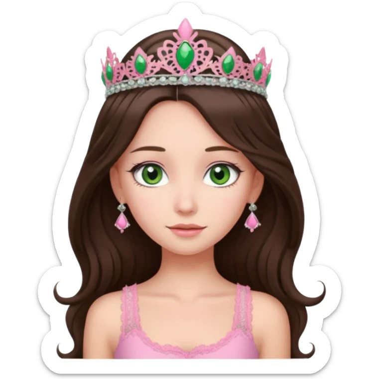 super long haired brunette with middle part cute pink lacy tank with a pink tiara on head, white but with a little bit of tan green eyes  sticker