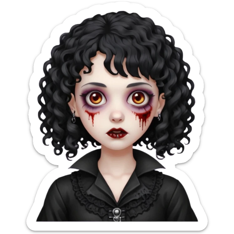 Faça uma mulher zumbi com o cabelo cacheado médio, e uma franja cacheada, cabelo preto e deixe ela meio gótica. sticker