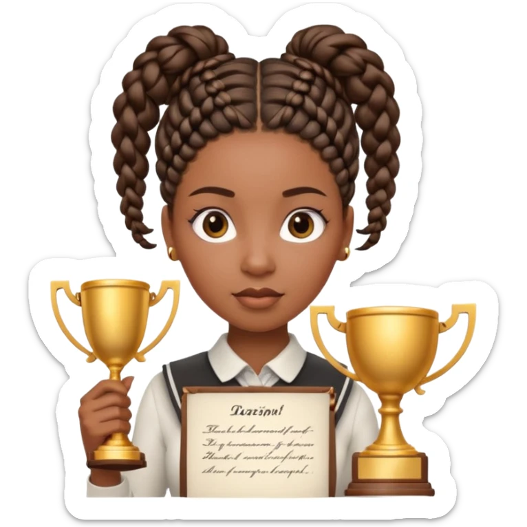 generate an emoji for this phrase, Start strong to earn trust and be noticed. End strong to be remembered. make it a black woman in braids updo looking determined with a white script in hand and a trophy sticker