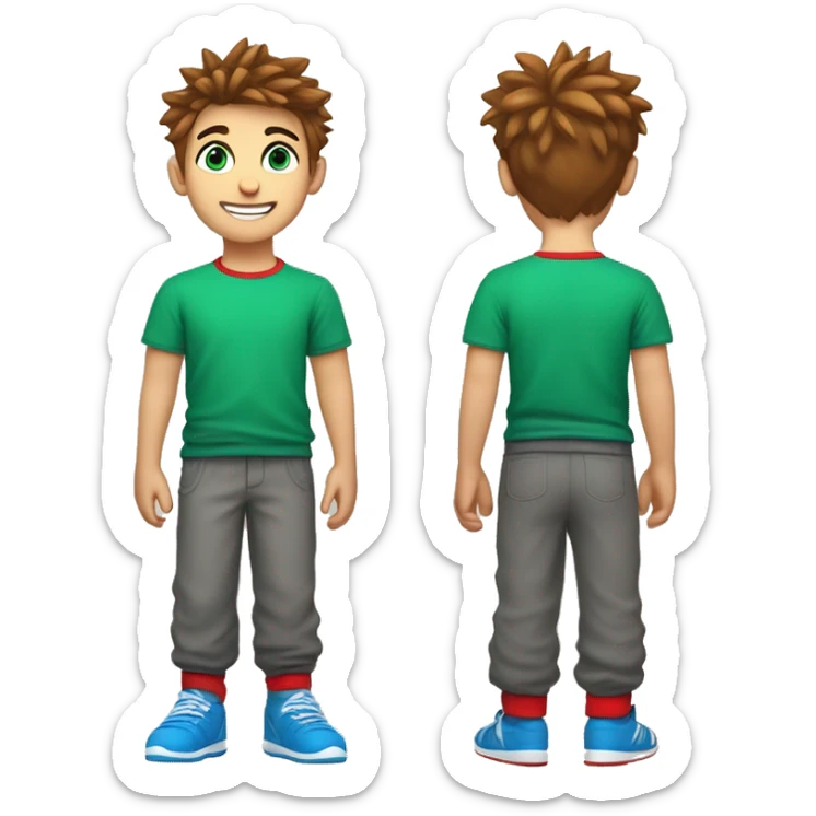 A boy with bright blue eyes, brown spiked hair, a blue smartwatch on his left arm, with a silky red shirt, green soft sweatpants, grey and white socks, and a happy smile with red and black braces sticker