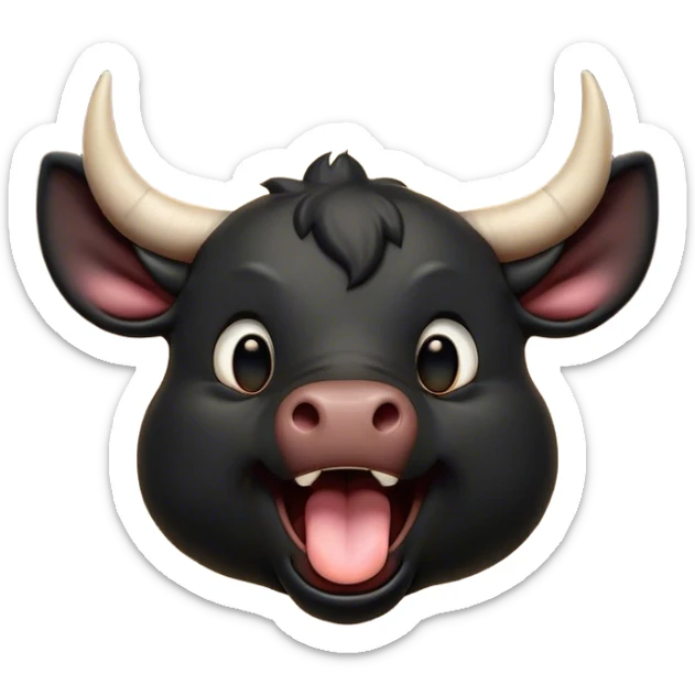 Cinematic Cute Yawning Black Bull Portrait Emoji, Head tilted slightly with a dramatic, wide-open yawn, showcasing a smooth, pure black hide with a subtle texture, floppy ears slightly drooping, round dark eyes barely open in drowsy contentment, Simplified yet irresistibly adorable features, highly detailed, glowing with a soft, cozy glow, high shine, relaxed yet expressive, stylized with a touch of rugged whimsy, bright and endearing, soft glowing outline, capturing the essence of a sleepy yet affectionate guardian, so drowsy it feels like it could charge right out of the screen and curl up for a nap! sticker