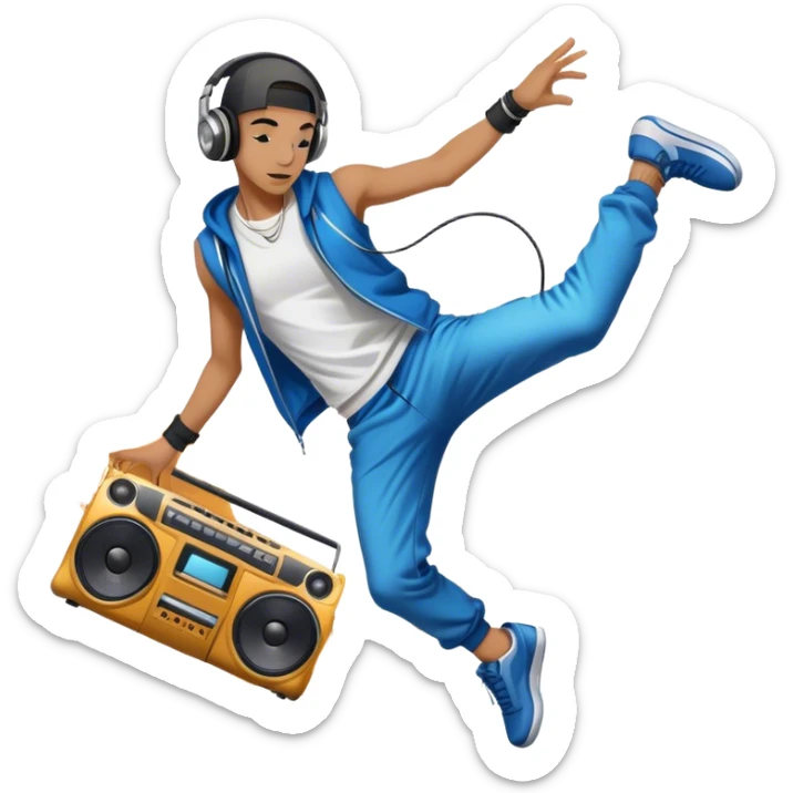Icon for Street Dance: a dancer in urban streetwear performing a dynamic breakdance move, with a spray-painted background  and boombox nearby,  headphones. The icon should represent the energy, style, and creativity of street dance culture. Transparent background. sticker