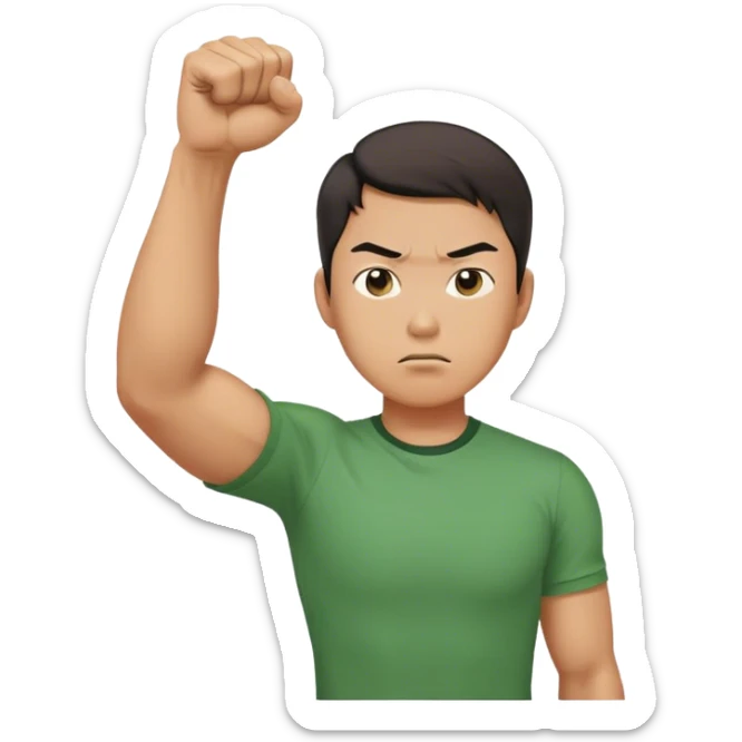 A determined Korean man in a green shirt, clenching his fist with a confident expression. Emoji-style digital illustration sticker