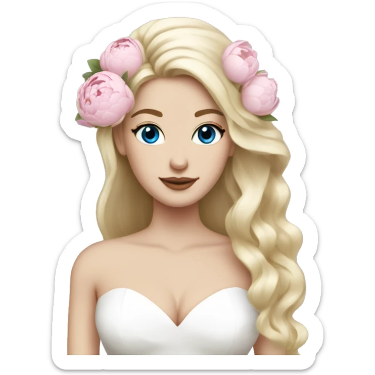 White bride with long light blonde hair and blue eyes with light pink peonies in hair white skin  sticker