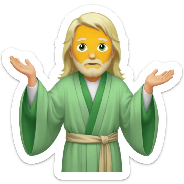 an old man, green eyes, long blonde hair, light green wide, flowing outer robe. opening arms, gazing thoughtfully. Soft light, subtle fern. Waist-up, profile. sticker