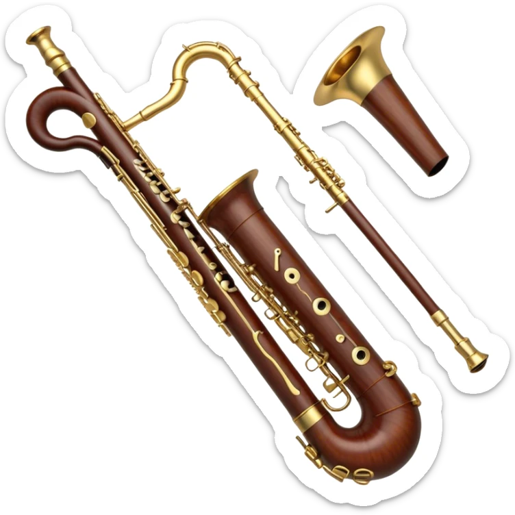 Create an elegant and detailed emoji representing a professional Yamaha bassoon. The design should feature the sleek wooden body of the bassoon with its rich wood tones, showing the intricate keywork and metal springs. The metal tubing of the instrument should be clearly visible, with polished brass accents. Highlight the bell and the distinctive, curved shape of the instrument. The mouthpiece and reed should be visible at the top, emphasizing the functional details. Use warm wood tones like dark brown, with gold and brass accents for the keys and fittings. Add soft musical notes or soundwaves to represent the deep, resonant sound of the bassoon. The background should be transparent. sticker