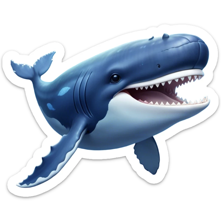 Meme-Worthy Singing Humpback Whale Portrait Emoji, Mouth open wide in a dramatic, melodious pose, showcasing a deep blue-gray body with barnacle accents and an expressive, soulful gaze, Simplified yet artistically graceful features, highly detailed, glowing with a soft, magical marine aura, high shine, enchanting and full of life, stylized with an air of deep-sea wonder, soft glowing outline, capturing the essence of a majestic humpback whale mid-song, resonating with the beauty of the ocean's ancient melodies! sticker