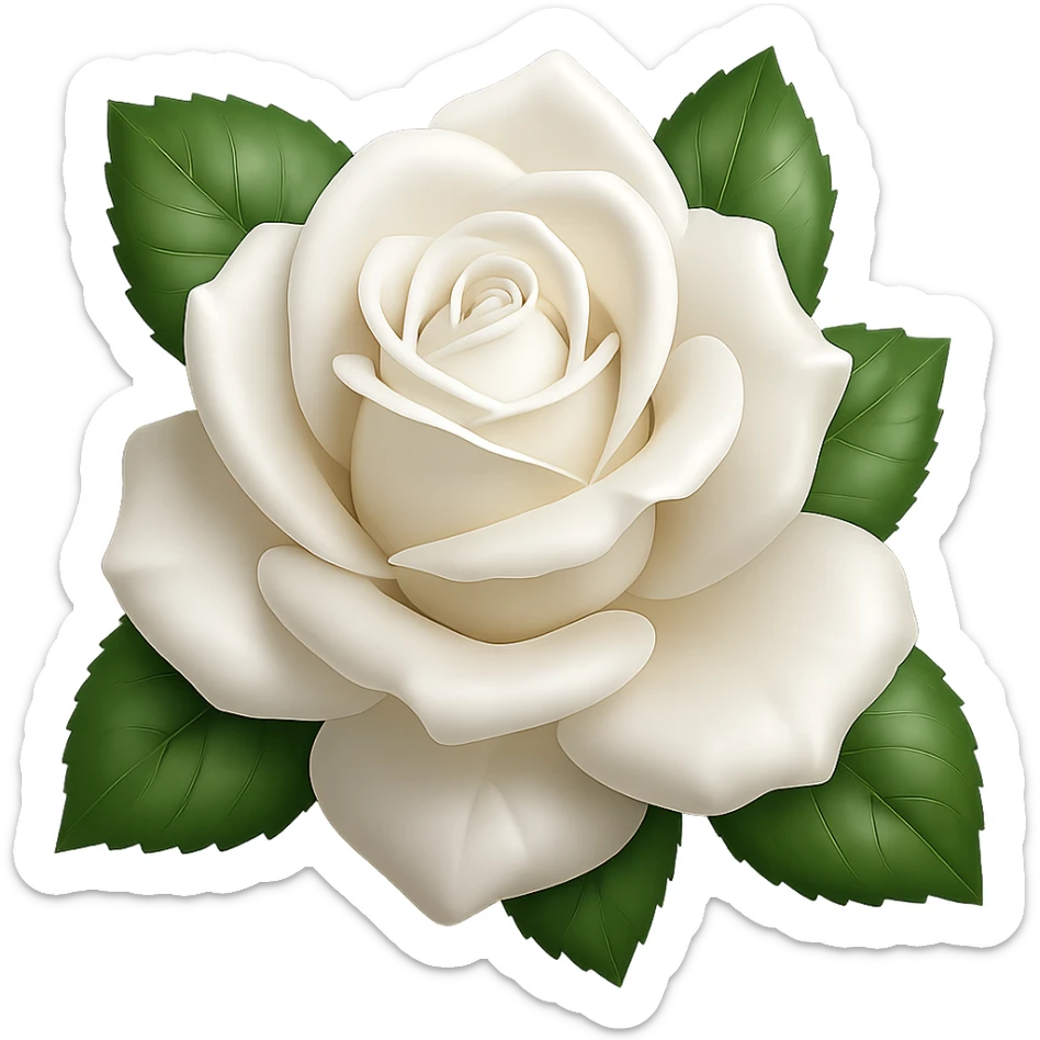 Create a 3D illustration of a white rose with leaves in the style of iOS Apple emoji. The rose should have voluminous petals and realistic leaves, on a transparent square background. Emulate the look and feel of Apple emoji style with detailed shading and smooth gradients. sticker
