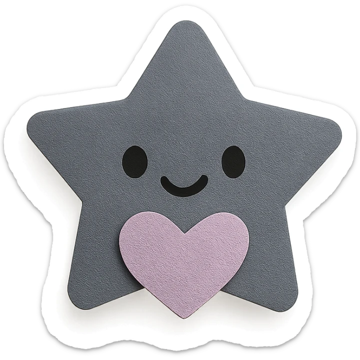 Smiling pastel black star clutching a small pastel heart, no arms or legs, full body, transparent background, kawaii paper craft style. sticker