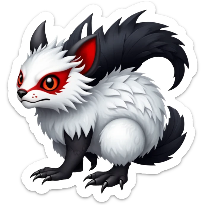 a white exotic edgy vernid-fionbri-creature, with black belly and red eyes, full body sticker