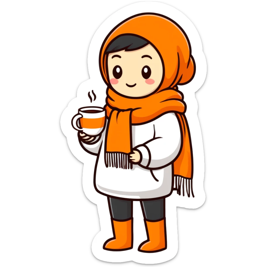 orange wearing an scarf and having one cup of tea in his hand. his vibe is so chill sticker