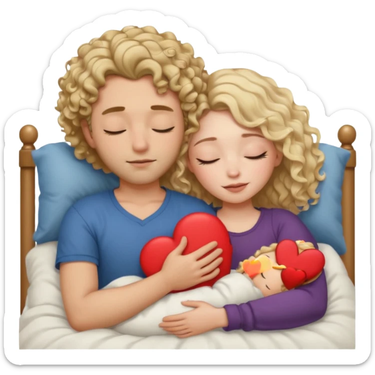 cuddling in bed, asleep. wavy haired blonde girl. man with curly,  dark brown hair. eyes closed. heart between them. no headboard sticker