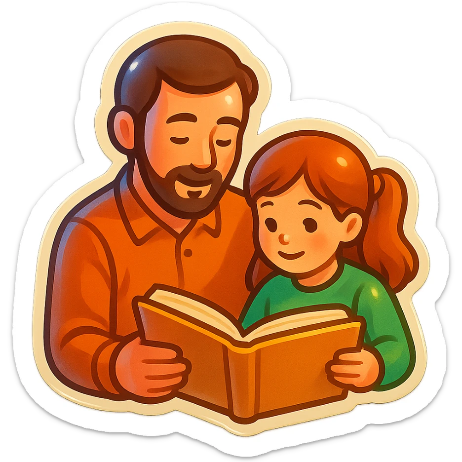 dad and daughter reading a book together, sticker style, cozy and sweet sticker